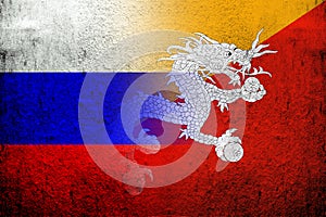 National flag of Russian Federation with Kingdom of Bhutan National flag. Grunge background