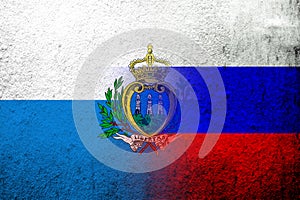 National flag of Russian Federation with The Republic of San Marino National flag. Grunge background