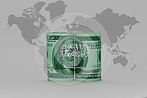 National flag of saudi arabia on the dollar money banknote on the world map background .3d illustration