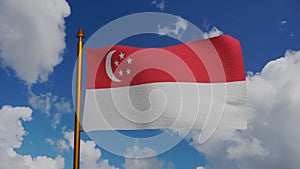 National flag of Singapore waving 3D Render with flagpole and blue sky timelapse, Republic of Singapore flag textile