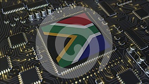 National flag of South Africa on the operating chipset. RSA information technology or hardware development related