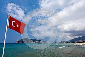 National flag of Turkey in Alanya beach