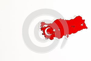 National flag of Turkey. Country outline on white background with copy space. Politics illustration