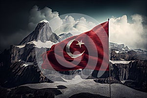 National flag of Turkey waves proudly, set against the breathtaking landscape of mountains. A symbol of strength, unity, and