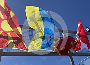 national flag of Ukraine flies due to the heavy wind in the blue sky near other flags