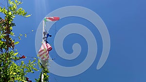 The national flag of the United States of America against the background of other flags and the blue sky in summer