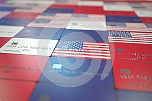 National flag of the United States on credit cards. Banking related 3D rendering