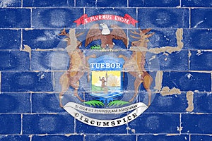 National flag of USA state of Michigan - In center coat of arms is a blue shield, with rising sun over lake and man standing on