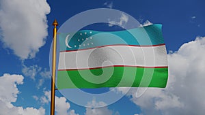 National flag of Uzbekistan waving 3D Render with flagpole and blue sky, Republic of Uzbekistan flag textile by Farxod