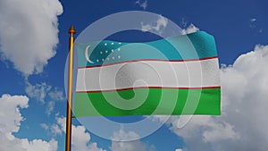 National flag of Uzbekistan waving 3D Render with flagpole and blue sky timelapse, Republic of Uzbekistan flag textile