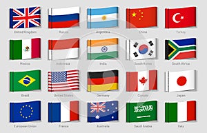 National flags fabric tags. G20 countries labels, official country flag tag vector set