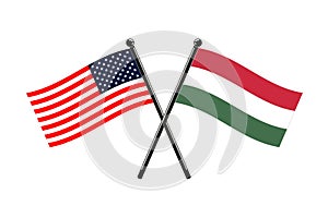 National flags of Hungary and Usa crossed on the sticks