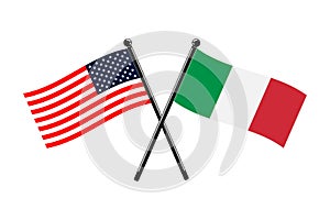 National flags of Italy and Usa crossed on the sticks