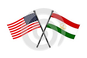 national flags of Republic of Tajikistan and Usa crossed on the sticks