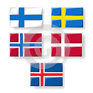 National flags set. Flags of Finland, Sweden, Norway, Denmark and Iceland