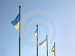 National flags of Ukraine against clear blue sky