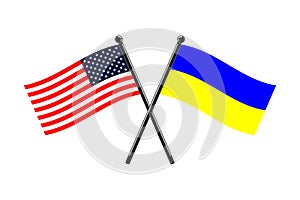 national flags of Ukraine and Usa crossed on the sticks