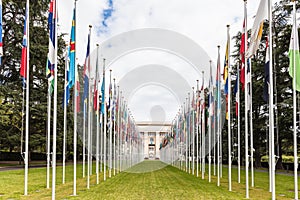 National flgs at the entrance in UN office at Geneva