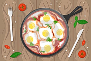 National food of Israel. Flat vector illustration. The view from the top. Shakshouka