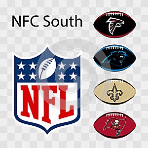 National Football League NFL, NFL 2022. NFC South. Tampa Bay Buccaneers, Atlanta Falcons, New Orleans Saints, Carolina Panthers.