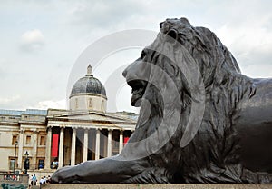 The National Gallery with a bronze lion