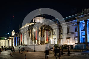The National Gallery, Trafalgar Square at night in London, England, UK