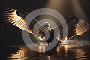 Pelican bird landing on water at sunset wings spread