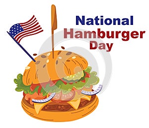 National Hamburger Day illustration. Cartoon burger. Fresh meat burger with vegetables.