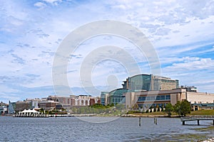 National Harbor waterfront panorama in Oxon Hill, Maryland, USA.