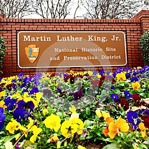 National Historic Site of Martin Luther King Jr. and preservation district sign. Atlanta, Georgia, USA.