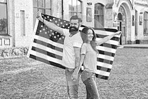 National holiday. Bearded hipster and girl celebrating. 4th of July. American patriotic people. American citizens couple