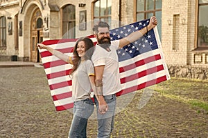 National holiday. Bearded hipster and girl celebrating. 4th of July. American patriotic people. American citizens couple