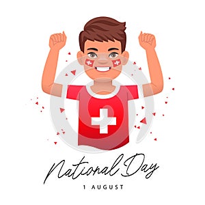 National holiday in honor of the founding of Switzerland. Smiling happy boy with Swiss flags painted on his cheeks. Confederation