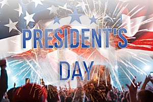 National holidays of United States of America. President's day on background with waving flag of the USA, people