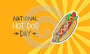 National Hot Dog Day. Banner with an inscription and a hot dog. Vector cartoon illustration