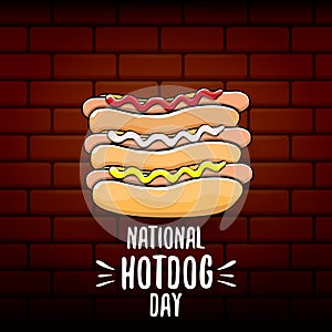 National hot dog day poster with funny cartoon hot dog. Hot dog day label or print for tee.