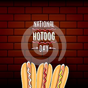 National hot dog day poster with funny cartoon hot dog. Hot dog day label or print for tee.
