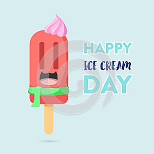National ice cream day vector illustration for greeting card, poster and banner with Strawberry ice stick character wearing scarf