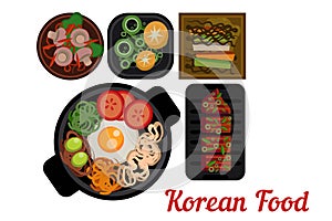 National Korean cuisine. Plates with delicious Asian food. Bibimbap with vegetables, pigodi, grilled pork and