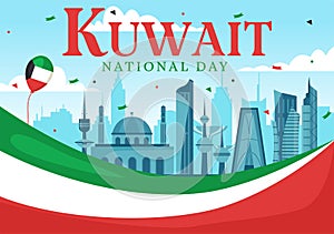National Kuwait Day Vector Illustration on February 25th with Landmark, Waving Flag and Independence Celebration in Flat Cartoon