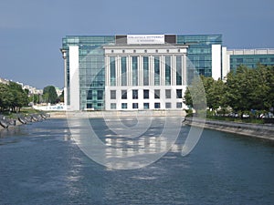 National Library on Dambovita river shore in Bucharest