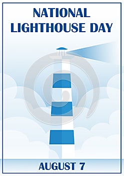 National lighthouse day vector Illustration poster. Landscape of a sea shore with lighthouse among clouds.