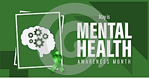 National Mental Health Awareness Month campaign banner. Brain and Green ribbon vector illustration. Observed in May each year