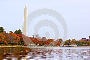 National Monument with trees around the Tidal Basin in autumn foliage.