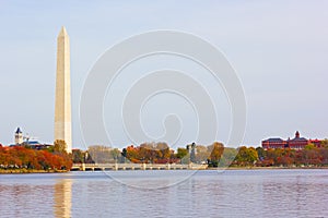 National Monument with trees around the Tidal Basin in autumn foliage.