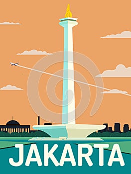 National Monument ( monas) landmark in Jakarta Indonesia illustration best for travel poster with vintage retro style