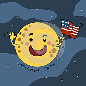 National moon day, Moon wave hand with American flag cartoon illustration