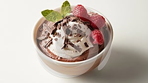 National Mousse Day Decadent chocolate mousse dessert with whipped cream, fresh raspberries, and mint garnish photo