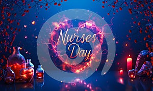 National Nurses Day celebrated with a golden heart and ECG line, surrounded by smaller hearts against a deep blue backdrop