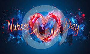 National Nurses Day celebrated with a golden heart and ECG line, surrounded by smaller hearts against a deep blue backdrop